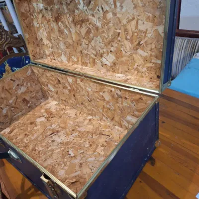 Vintage Seward Blue Footlocker Storage Trunk with Brass-Tone Hardware & OSB Wood Interior