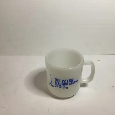Vintage Oil Patch Electric Service Moore Oklahoma Milk Glass Advertising Coffee Mug – Oil Derrick Logo