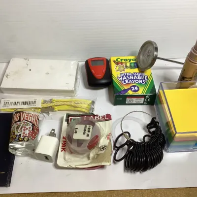 Mixed Junk Drawer Lot – Crayola Washable Crayons, Jewelry Ring Sizer, Thermometer, Counter, Notes & Misc.
