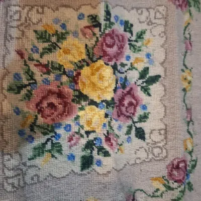 Vintage Handworked Floral Needlepoint Canvas – Pink & Yellow Roses – Unframed