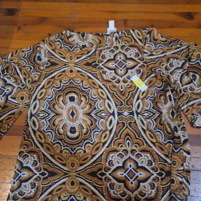 Chico’s Size 2 Brown Black Gold White Medallion Print 3/4 Sleeve Tunic Top – Approx XL