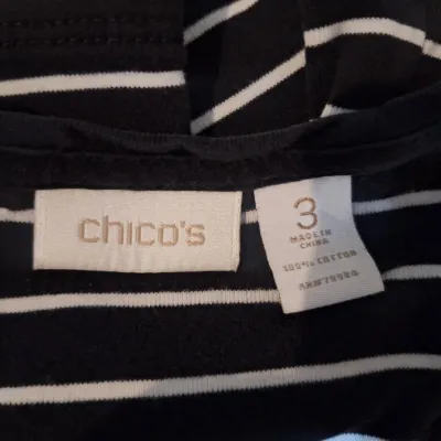 Chico’s Size 3 Women’s Black & White Striped V-Neck Short Sleeve Cotton Top Shirt