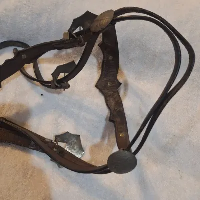 Vintage Western Leather Horse Headstall Bridle with Engraved Metal Browband Conchos & Buckles – No Bit