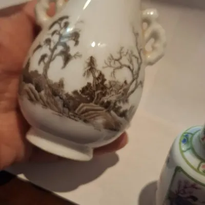 Pair Vintage 1980 FP Japan Miniature Porcelain Vases Asian Landscape Butterfly Figural Designs