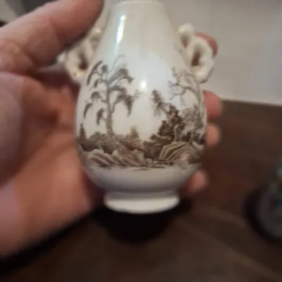 Pair Vintage 1980 FP Japan Miniature Porcelain Vases Asian Landscape Butterfly Figural Designs
