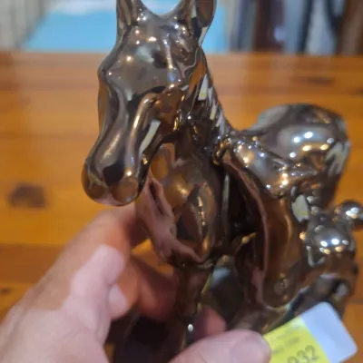 Vintage Metallic Glaze Ceramic Horse Mare & Foal Figurine Sculpture
