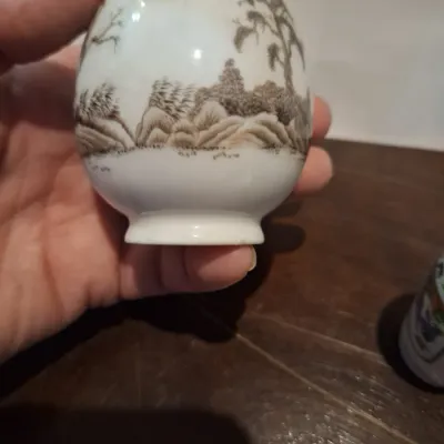 Pair Vintage 1980 FP Japan Miniature Porcelain Vases Asian Landscape Butterfly Figural Designs
