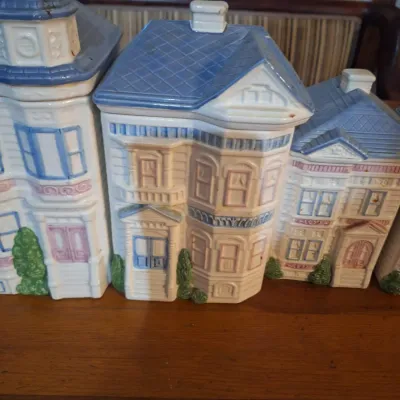 Vintage 1988 Hearth and Home Designs Ceramic Victorian House Canister Set of 4