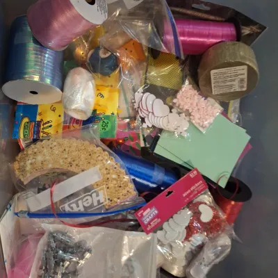 Large Tub of Assorted Craft, Party & Gift Supplies – Ribbon, Balloons, Gift Bags, Cards, Stickers, Foam Shapes, Paint, Fabric & More
