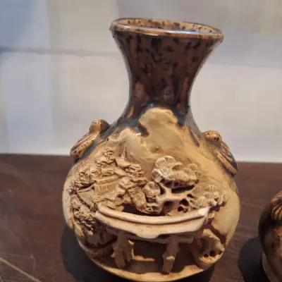 Pair Chinese Asian Ceramic Relief Landscape Vases Brown Drip Glaze Pagoda Temple Scenic Design
