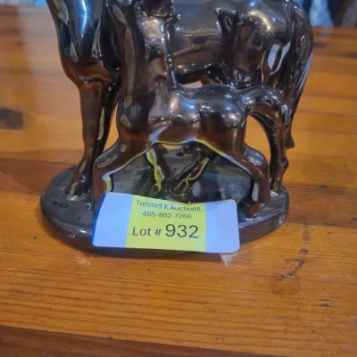 Vintage Metallic Glaze Ceramic Horse Mare & Foal Figurine Sculpture