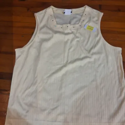BonWorth Women's XL Petite Ivory Ribbed Sleeveless Top Rhinestone Square Neck