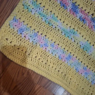 Hand Crocheted Yellow Baby Blanket Afghan with Pastel Multicolor Striped Pattern