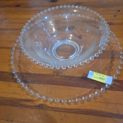Vintage Clear Glass Beaded Edge Serving Platter & Matching Footed Bowl Set
