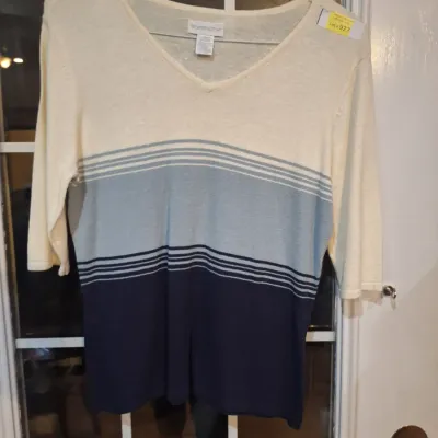 Worthington Women’s Large Cream Light Blue Navy Colorblock Striped V-Neck 3/4 Sleeve Knit Top