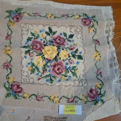 Vintage Handworked Floral Needlepoint Canvas – Pink & Yellow Roses – Unframed