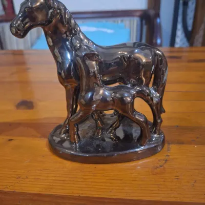 Vintage Metallic Glaze Ceramic Horse Mare & Foal Figurine Sculpture