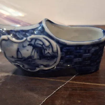 Vintage Blue & White Porcelain Dutch Shoe Clog Miniature Planter Sailboat Windmill Delft Style