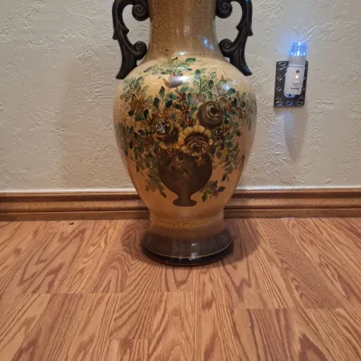 Large Vintage-Style Double Handle Floral Floor Vase / Urn – Crackle Glaze Decorative Vase