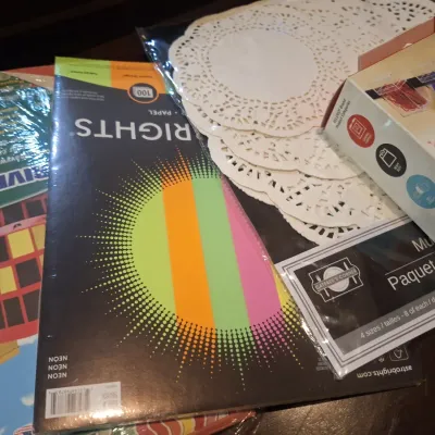 Large Craft & Paper Supply Lot – HP Glossy Brochure Paper, Construction Paper, Neon Paper, Doilies, & More