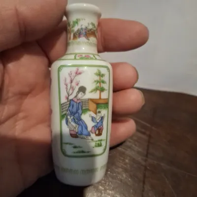 Pair Vintage 1980 FP Japan Miniature Porcelain Vases Asian Landscape Butterfly Figural Designs