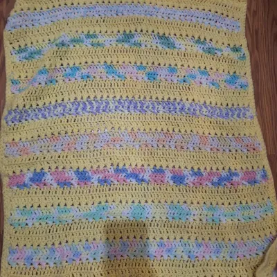 Hand Crocheted Yellow Baby Blanket Afghan with Pastel Multicolor Striped Pattern