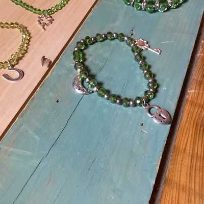 Assorted Green Beaded Charm Bracelets - Lot of 9