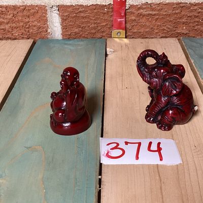 Vintage Red Faux Cinnabar Laughing Buddha & Elephant Figurines