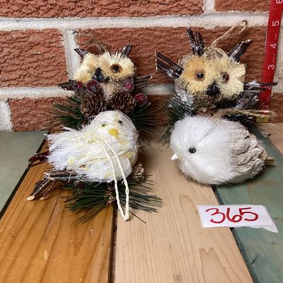 Rustic Bristle Owl and Bird Christmas Ornaments - Set of 4