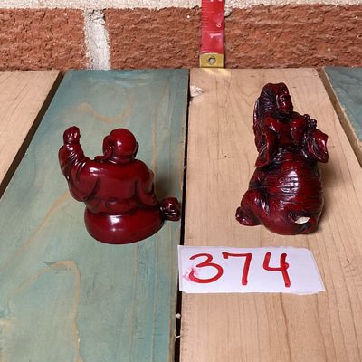 Vintage Red Faux Cinnabar Laughing Buddha & Elephant Figurines