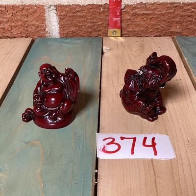 Vintage Red Faux Cinnabar Laughing Buddha & Elephant Figurines