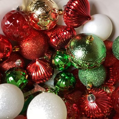 Assorted Red, Green, and White Christmas Ornaments