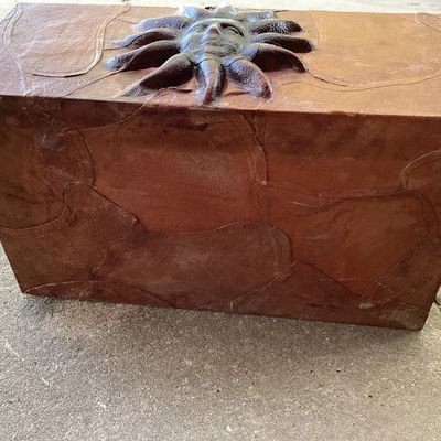 Vintage Tooled Leather Sun Motif Wooden Trunk