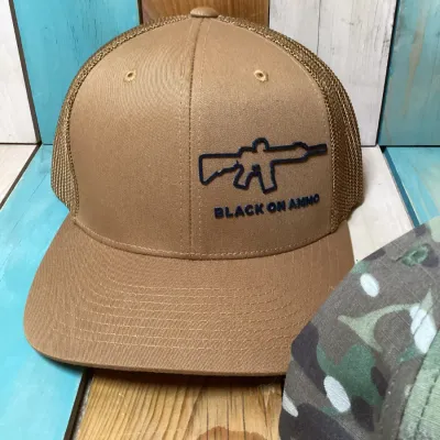Lot of 3 Men’s Tactical Hats – Black On Ammo Trucker, Camo Hook & Loop Patch Cap & Zapped Gunny Red Sword Shield Cap