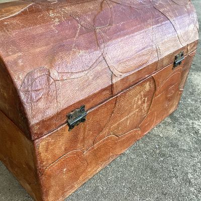 Vintage Tooled Leather Sun Motif Wooden Trunk