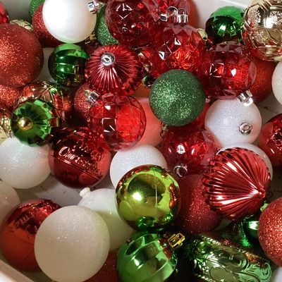 Assorted Red, Green, and White Christmas Ornaments