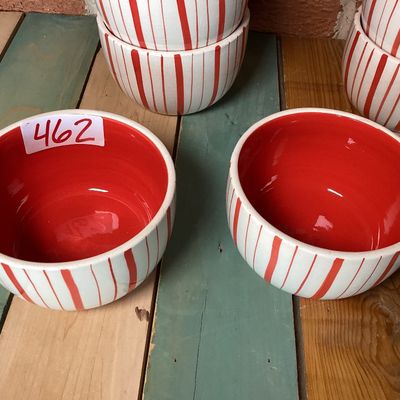 Set of 6 Red and White Striped Ceramic Bowls