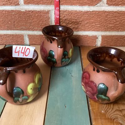 Vintage Mexican Hand-Painted Clay Mugs - Set of 3
