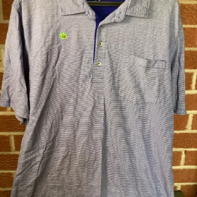 2 Junction West Men’s XL Short Sleeve Striped Polo Shirts Blue & Black/Gray Chest Pockets