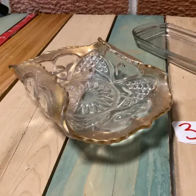 Vintage Pressed Glass Butter Dish and Gold-Rimmed Candy Bowl