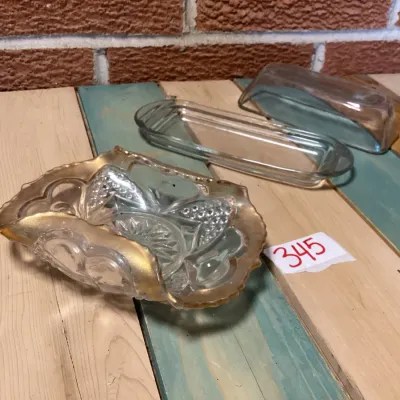 Vintage Pressed Glass Butter Dish and Gold-Rimmed Candy Bowl