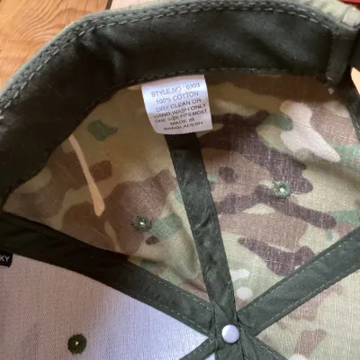 Lot of 3 Men’s Tactical Hats – Black On Ammo Trucker, Camo Hook & Loop Patch Cap & Zapped Gunny Red Sword Shield Cap
