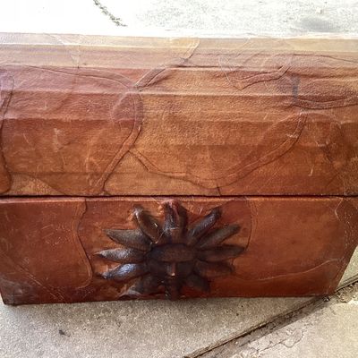 Vintage Tooled Leather Sun Motif Wooden Trunk