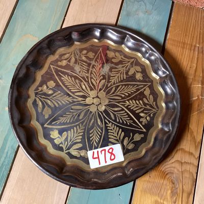 Vintage Etched Brass and Black Round Serving Tray