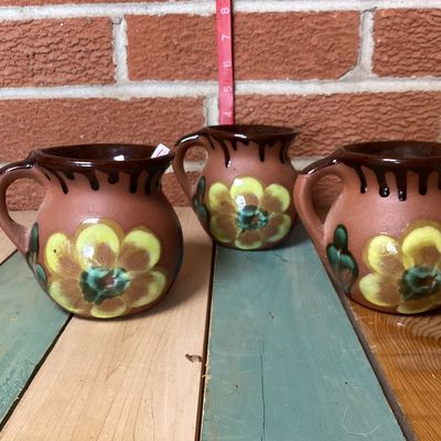 Vintage Mexican Hand-Painted Clay Mugs - Set of 3