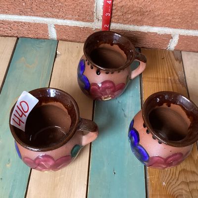 Vintage Mexican Hand-Painted Clay Mugs - Set of 3