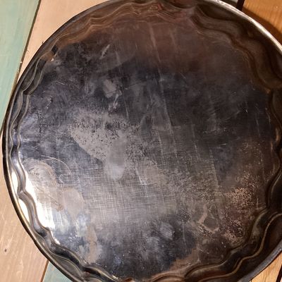 Vintage Etched Brass and Black Round Serving Tray