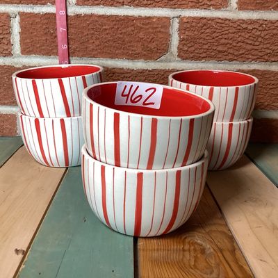 Set of 6 Red and White Striped Ceramic Bowls