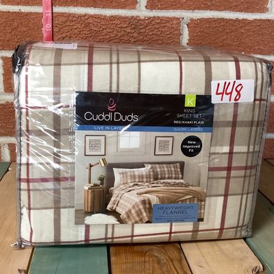 Cuddl Duds King Heavyweight Flannel Sheet Set - Red/Khaki Plaid