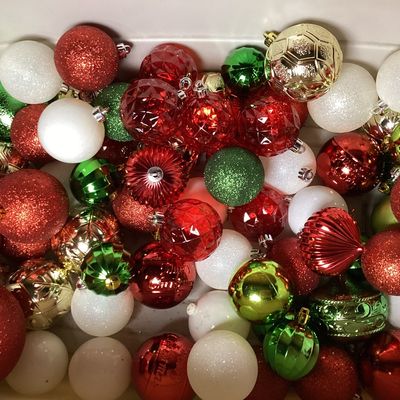 Assorted Red, Green, and White Christmas Ornaments